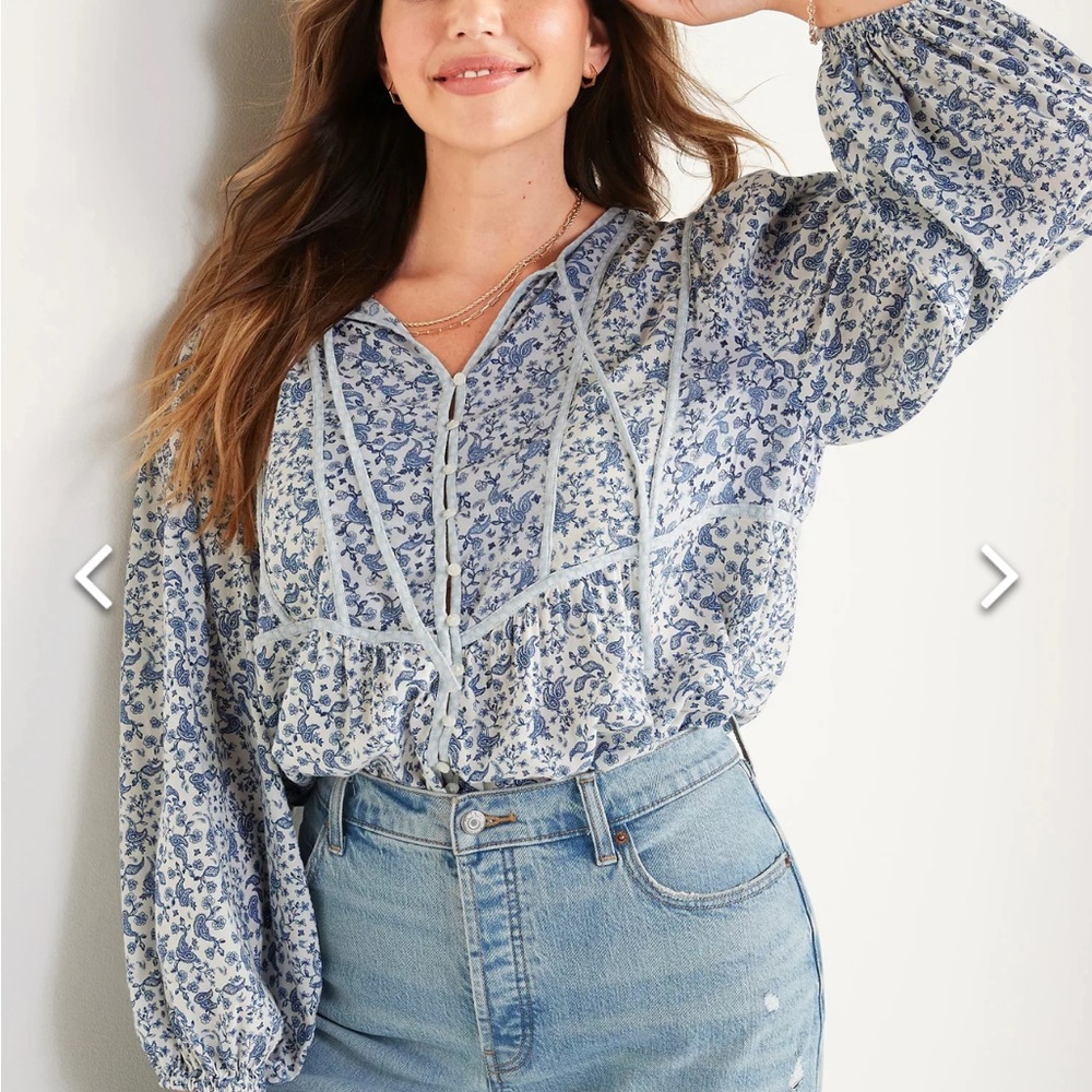 Old Navy Poet Mixed Print Blue and White Boho Blouse